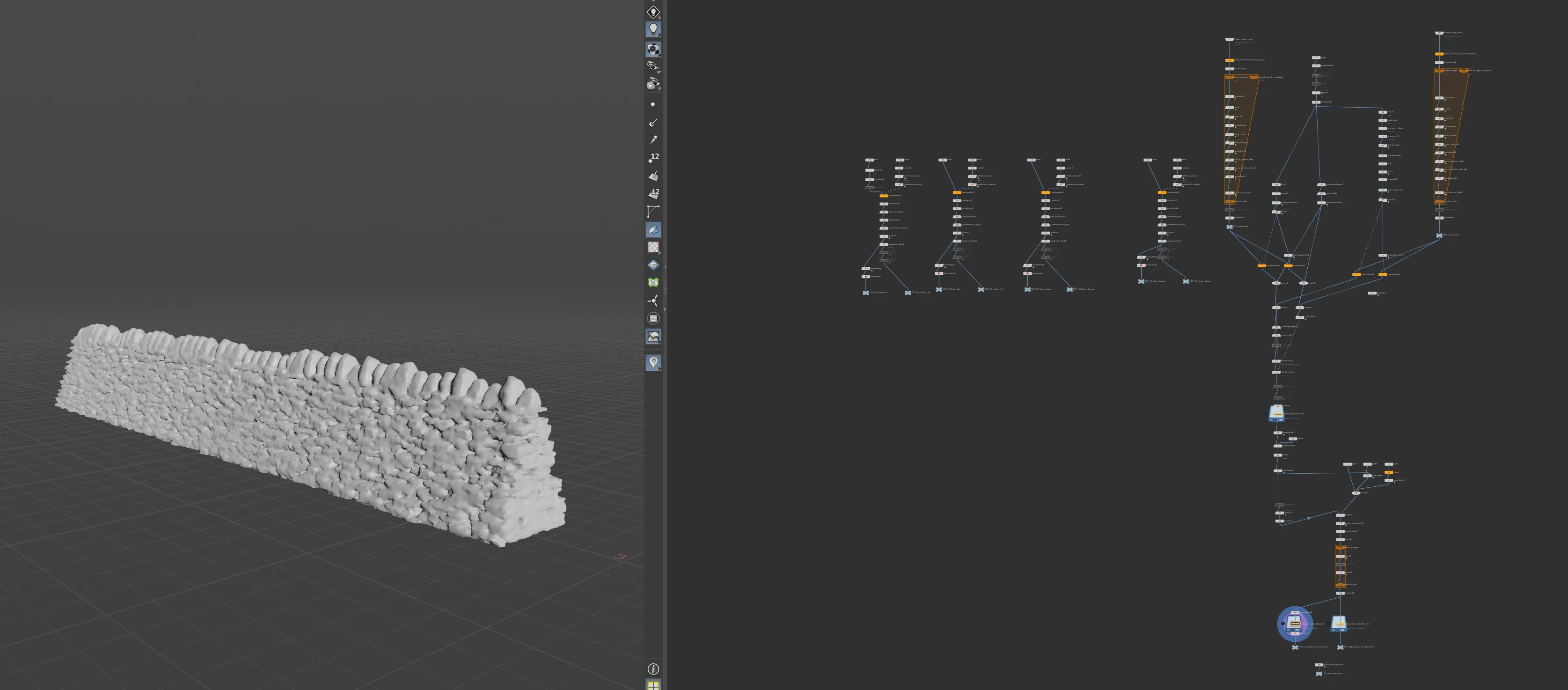 Houdini node network and viewport for the procedural dry-stone wall asset.